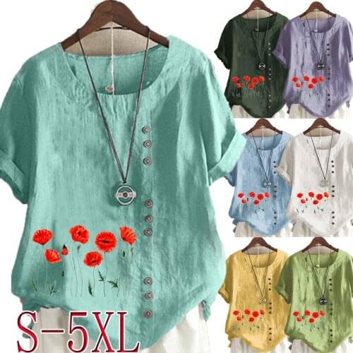 Womens Summer New Fashion Floral Printed Round Neck Short Sleeve T-shirt Casual Loose Solid Color Blouse Tops Plus Size