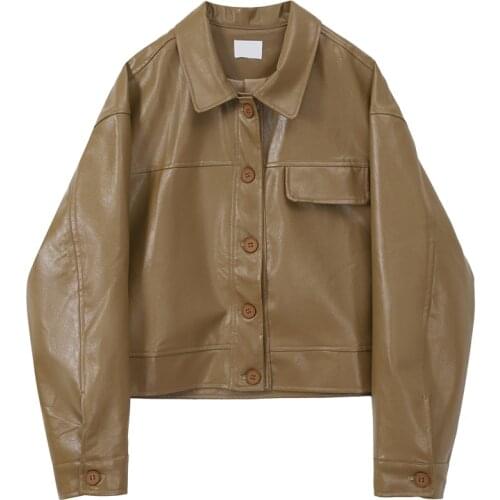 Women Khaki Short Faux Pu Leather Jacket Spring Autumn Loose Single-breasted Long Sleeves Oversized Biker Jacket Casual Vintage