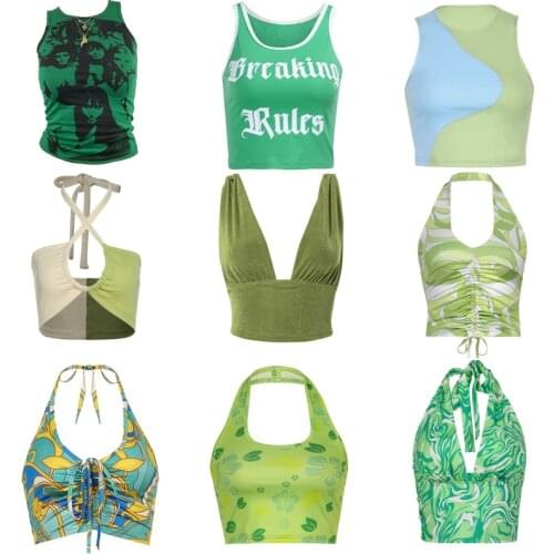 90s Women Sexy Cami Top Y2K Aesthetic Green V Neck Sleeveless Backless Halter Crop Vest E-girl Vintage Summer Tank Top Clothes
