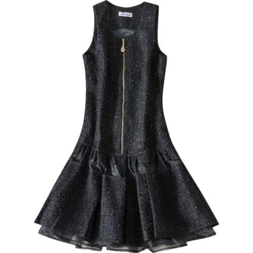 French style small fragrant vest dress women organza stitching sleeveless ball gown tweed dress