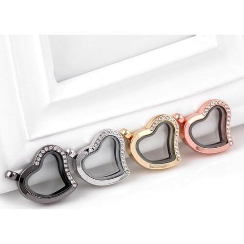 10pcs/lo 30mm Rhinestone Heart Love Locket Pendant Alloy Memory Living Glass Floating Charm Locke tValentines Day Gift Jewelry