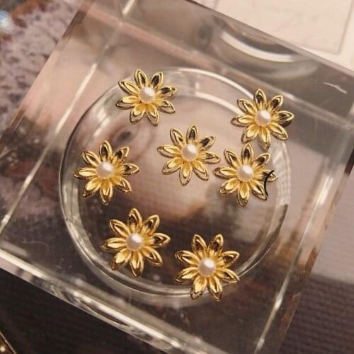 10pcs/lot 3D Real gold Flowers Metal Pearl nail art decorations nails accessories nail supplies nails art jewelry Nail Charms