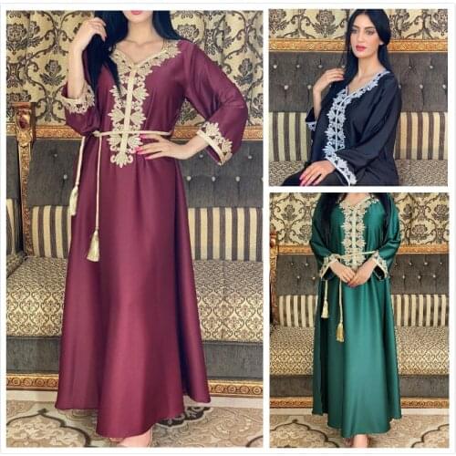 Ab029 Cross-Border Middle East Dubai Flower Embroidery Bronzing Lace Jalabiya Dress Abaya Muslim Women
