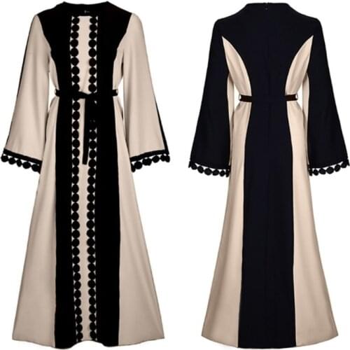 Women Muslim Long Sleeve Maxi Dress Lace Polka Stitching Islamic Middle East Dubai Long Robe Contrast Color Belted Abaya
