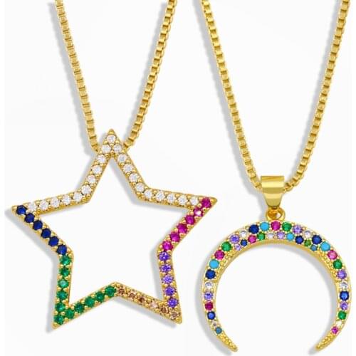 FLOLA Multicolor Moon And Star Necklace For Women Stone Crescent Pendant Necklace CZ Pave Zirconia Wholesale Jewelry Gift nket39