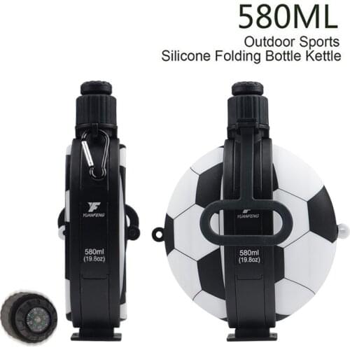 Football Style Foldable Water Bottle Bag 580ml Large Outdoor Portable Food Grade Latex Cup with Compass for Hiking Running Trip