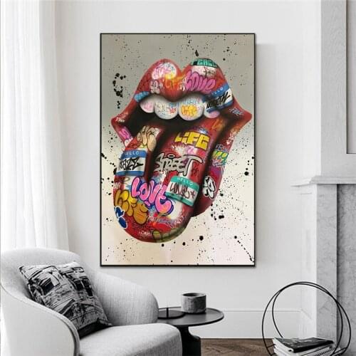 Big Tongue Graffiti Art Canvas Painting on The Wall Posters and Prints Funny Mouth Decorative Picture for Living Room Decor