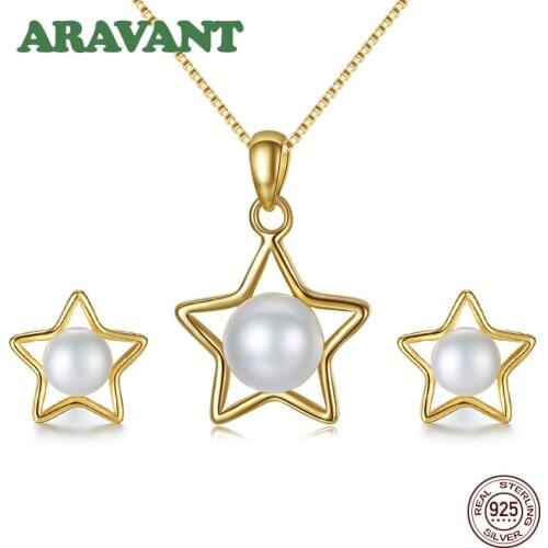 Freshwater Pearl Jewelry Set 925 Sterling Silver Star Stud Earring Pendant Necklace Chains For Women Christmas Gifts