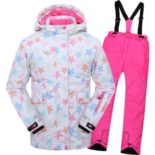 Girls Ski Set Outdoor Waterproof Windproof Winter Stars Skiing Jacket + Bib Trousers Children Warm Skiing Suits
