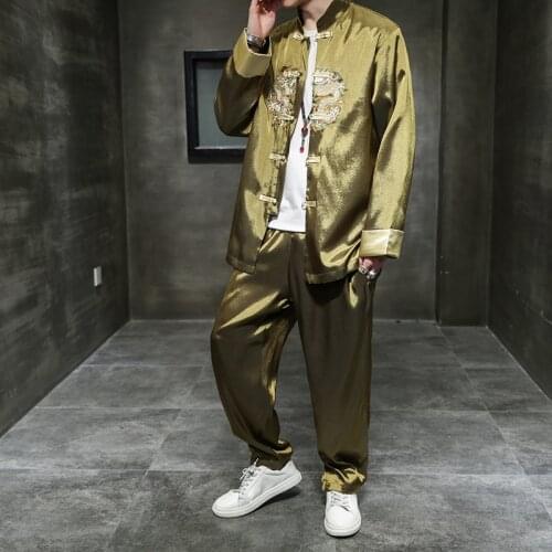 Chinese Style Mens Clothing Ice Silk Embroidery Golden Han Suit Tang Suit Buckle Set Two-piece Set Traditional Chinese Clothing