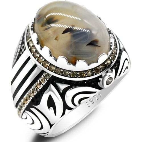 Natural Agate ring for Men 925 Sterling Silver Vintage Natural Oval Gemstone Male Ring Turkish Handmade Jewelry Husband Gift