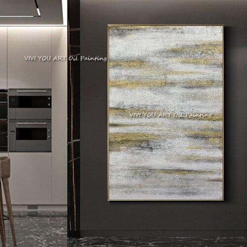 Newest 100% Handmade Abstract Style Simple Oil Painting Gold Foil On Canvas Large Size Grey Pictures Home Decoration Drawing
