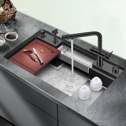 2021 New Nanometer Black Handmade Stepped Kitchen Sink 4mm Thickness 220mm Depth Large Size Single Kitchen Stepped Sink