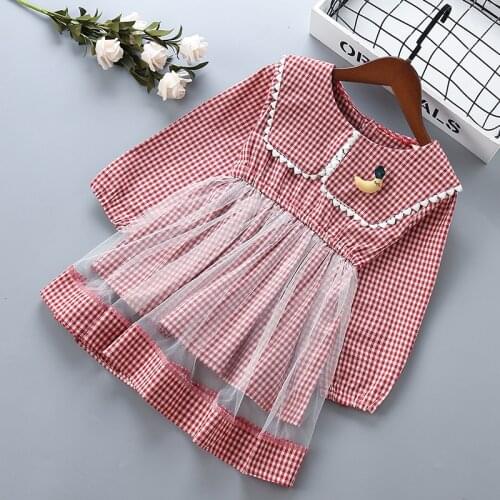 2-7 year High quality girl dress 2019 new autumn mesh cotton plaid flower lace kid children clothing girls party princess dress