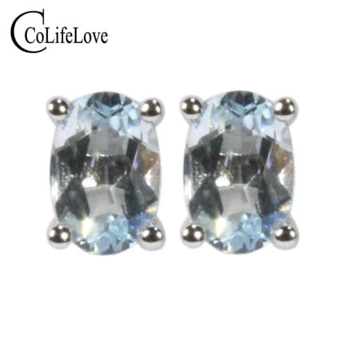 CoLife Jewelry Natural Aquamarine Stud Earrings for Daily Wear 4*6mm VVS Grade Aquamarine Earrings 925 Silver Aquamarine Jewelry