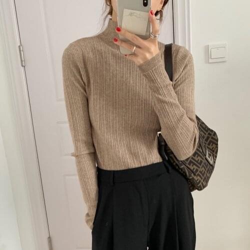 Textured Mock Neck Sweater Women Slim Fitted Solid Knitted Tops Autumn