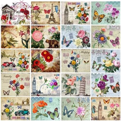 Vintage Poster Diamond Painting Famous Building Flower Butterfly Full Square Diamond Embroidery Handmade Gift Retro Home Decor