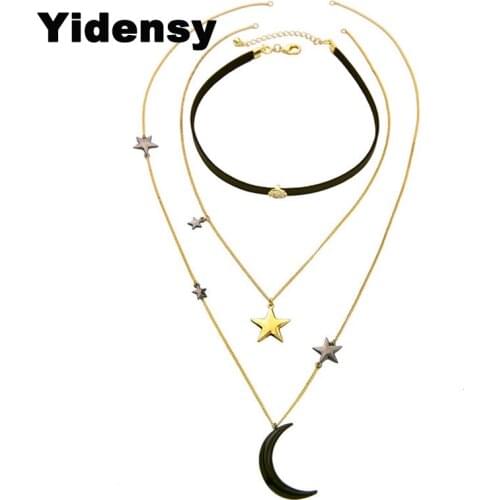 Yidensy Bohemian Multilayer Star Moon Pendant Necklaces Chains Long Black Leather Choker Colliar for Women Party Jewelry Gifts