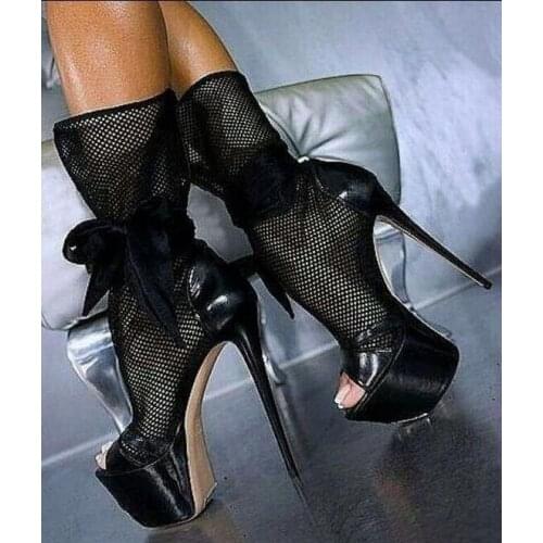 Black Lace Mesh High Heel Ankle Boot Peep Toe Platform Stiletto Heels Women Shoes High Heel Bowtie Lace-up Gladiator Boot