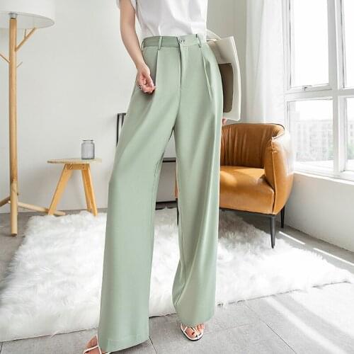 Johnature Fashion OL Straight Women Pants 2021 Summer New Solid Color Loose Full Length Pockets High Waist Long Pants