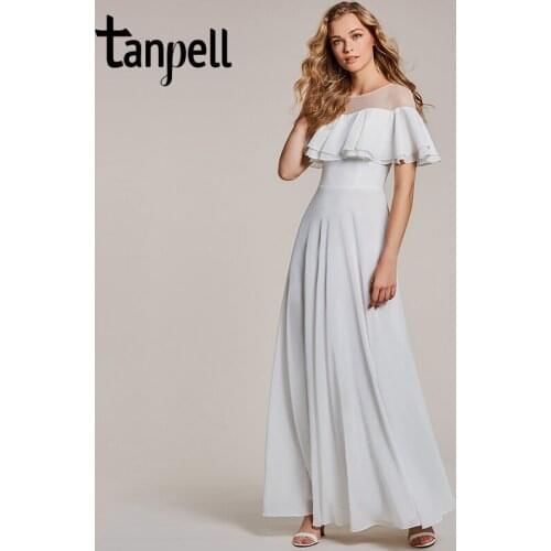 Tanpell ruffles evening dress white scoop neck short sleeves floor length a line gown cheap women long prom formal evening dress
