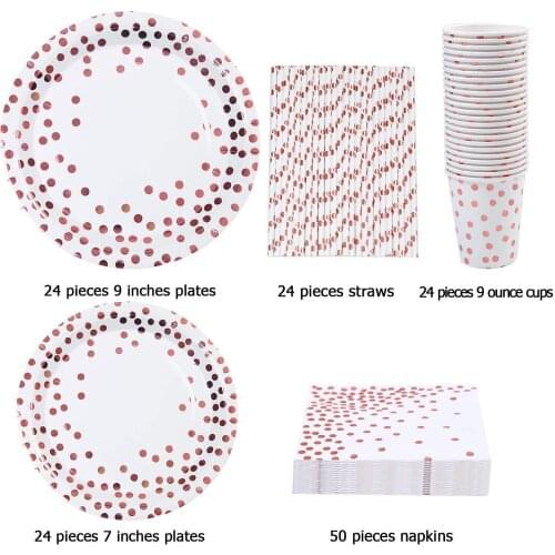 146Pcs 5 Kinds of Tableware Durable Design Disposable Paper Plate Bronzing Polka Dot Golden Rose Gold Tablecloth Plate Cup