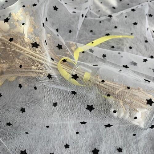 150cm Wide 5Yards White Black Flocked Stars Mesh Tulle Fabric High Quality Bridal Dress Wedding Decoration Curtain Net Fabric
