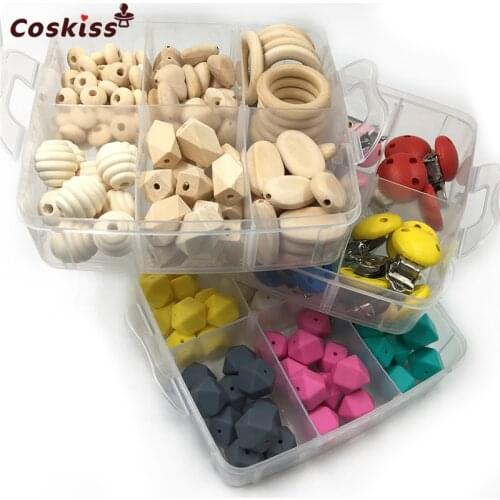 3 Box Mixed Color Baby Pacifier Clip Wood Hearts Abacus Wooden Beads Wood Ring Geometric Hexagon Silicone Beads Baby Teether Toy