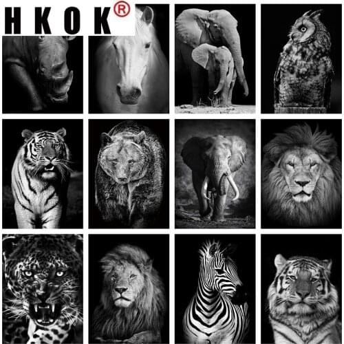 HKOK Diamond Painting Black White 5D DIY Full Square Diamond Embroidery Animals Cross Stitch Mosaic Rhinestone Home Decor