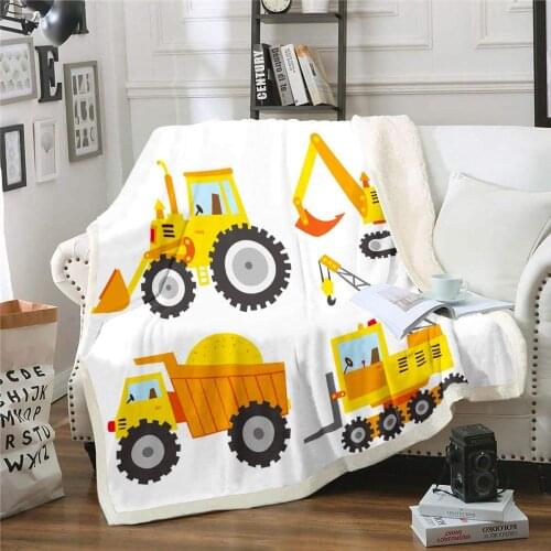Under Construction Fleece Blanket, Cartoon Truck Excavator Tractor Backhoe Cranes Equipment Sherpa Blanket, Decorative Sofa