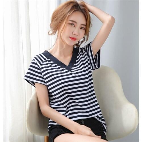 2021 Casual Womens T-shirt Short Sleeve Korean Slim Basic Cotton T-shirt Top Womens V-neck T-shirt Femme