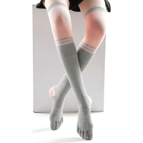 Women Thigh High Toe Socks Five Finger Striped Anti-slip Leg Warmer Dance Fitness Long Boot Stockings