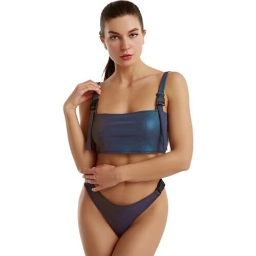 COLORFUL REFLECTIVE Swimsuits Women Split Bikini Sets Colorful Laser Buckle Two-piece Push Up Beach Bathing Suit Swimwear XS-XL