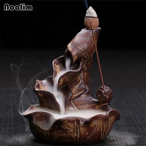 Creative Ceramic Lotus Incense Burner Waterfall Backflow Dragon Incense Holder Home Decor Buddhist Aroma Censer +20PCS Cones