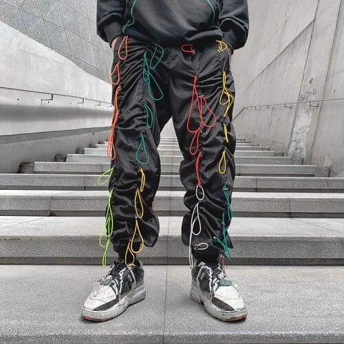 Boys Cool Chic Yuppie Rainbow Strings Hanging Hip Hop Skate Trousers Black
