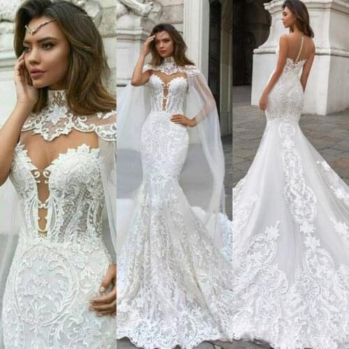 Princess Mermaid Lace Wedding Dresses With Cape Sexy High Neck Bohemian Wedding Dress Applique Plus Size Bridal Gown Cheap Vesti