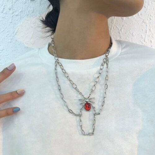 Lalynnly Exquisite Halloween Rhinestone Personality Silver Color Double Layer Spider Pendant Necklace For Women Party Gift N9162