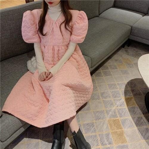 Puff Sleeve Midi Ruffles Party Sweet Dress Festival Casual Autumn Winter Fashion Long Sleeve Wrap A-Line Woman Dress2021