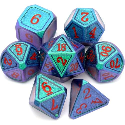 Haxtec Metal Dice Set Chameleon Color Changing DND Polyhedral RPG for D&D-Noble Green Purple Shift Red Numbers