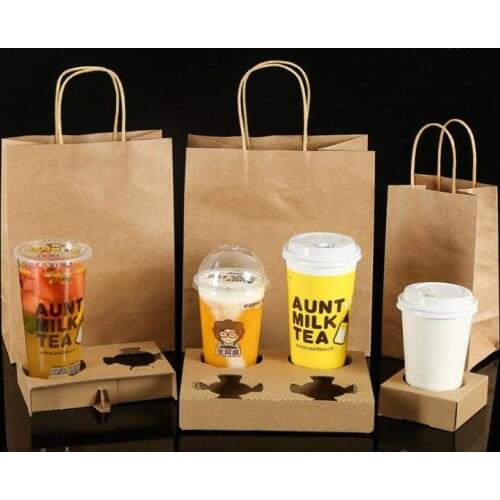 Disposable Kraft Paper Coffee Cup Holder with Handle Bag Set Takeout Milk Tea Juice Packing Tools Take Away Drinks Cup Shelf