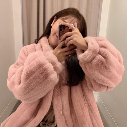 2020 New Small Stand Collar Imitation Rabbit Fur Grass Coat Women Winter Clothes Mid Length Young Fashion Lady Mink Plush Coat