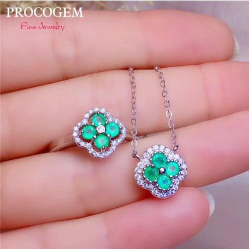 PROCOGEM Natural Emerald Jewelry sets for women Party Genuine green Gemstones with CZ Necklace Ring 925 Sterling silver #566