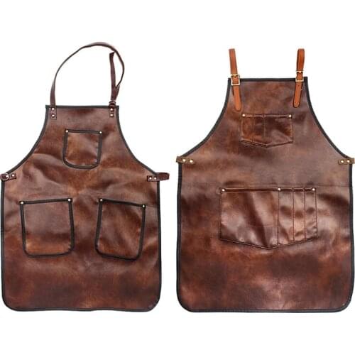 27RC Professional Faux Leather Hairdresser Barber Apron Adjustable Cross-Back Strap Multi Pockets Waterproof Hairstylist Bib