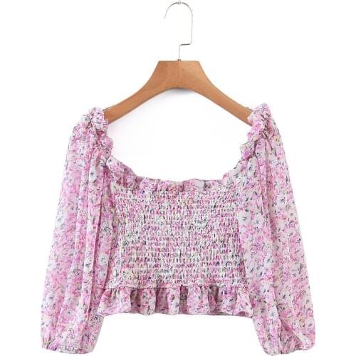 Floral Pink Flower Print Puff Sleeve Square Neck T-Shirt Smocked Half Sleeve Cute Crop Top Tee