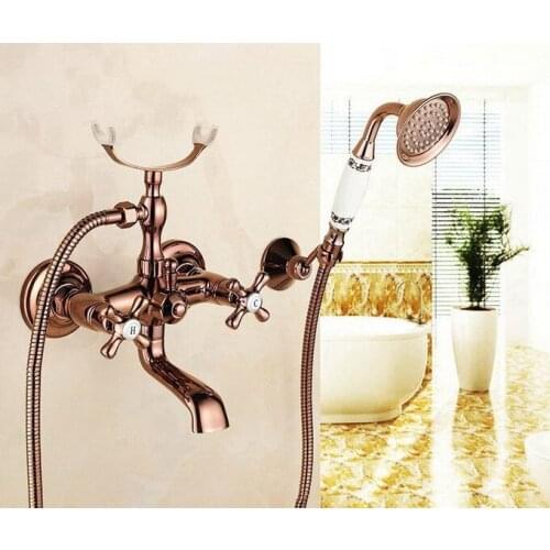 Modern Rose Gold Brass Wall Mounted Bathroom Tub Faucet Set with 1500MM Handheld Shower Spray Head Bath Mixer Tap 2tf170