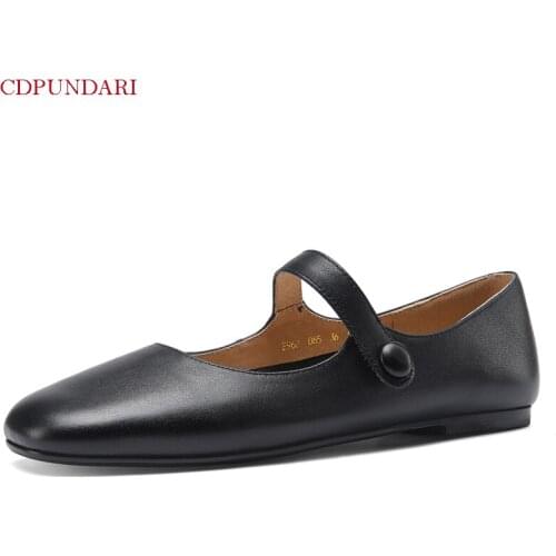 Luxury Fashion Black Genuine Leather Mary Janes Shallow Flat Shoes Women Spring Summer Casual Flats Ladies Popular Red White