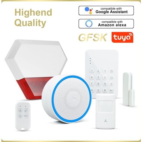 Tuya GFSK WIFI home Security smart Alarm System Burglar kit Smart life APP Remote Control Arm Disarm Automated light bulb