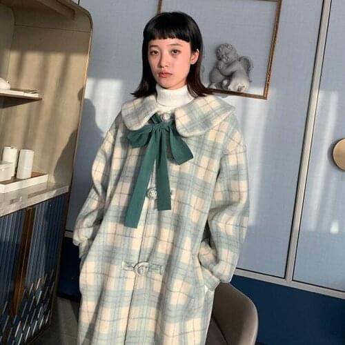 Bella Philosophy Wonder Plaid Women Bow Single Breasted Japanese Woolen Coats Chic Trendy Kawaii Harajuku Jackets Student Female