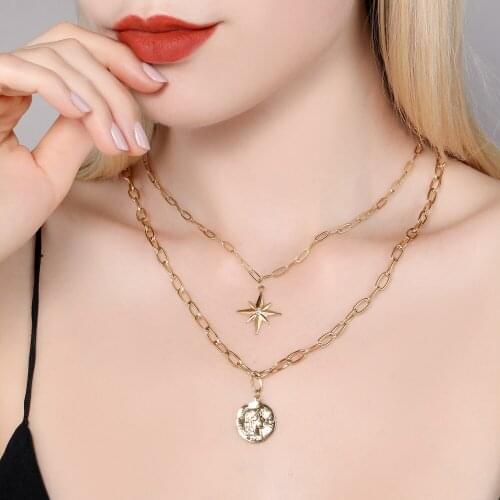 Women Necklace Stainless Steel heart star necklace Multilayer bohemian Pendant Vintage Wedding Punk Round Stars Pendant