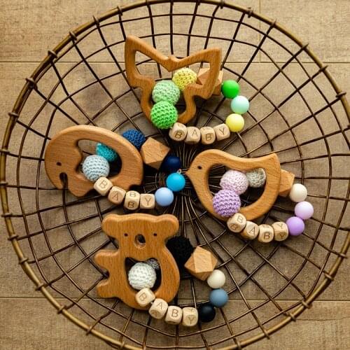 1PC Baby Teething Bracelet Wooden Animal Rodent Olive Oil Koala Pendant Personalised Name Wood Beads For Kid Baby Products Toys